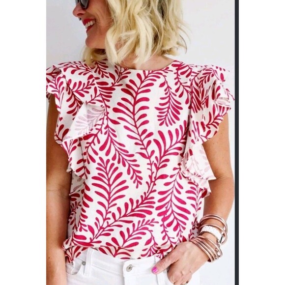 Who What Wear Tops - Who What Wear Floral Blouse Ruffle Sleeve Crew Neck Back Button Linen Blend L